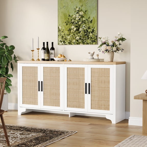 Boho Rattan Sideboard, 4-Door Buffet Cabinet with Natural Weave, Entryway Console Table & Coffee Bar Station for Dining Room, Living Room or Kitchen, White