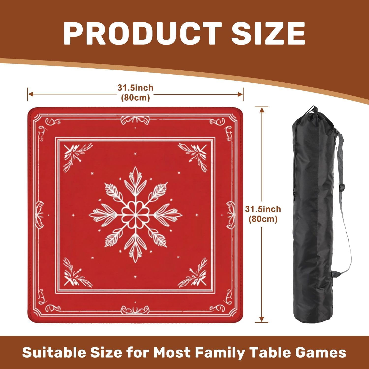 Mahjong Mat with Carrying Bag 31.5" x 31.5" Non-Slip Noise Reduction Elegant White Snowflake Floral Accents Red Table Mat for Mahjong Poker Dominoes Card Board Tile Games