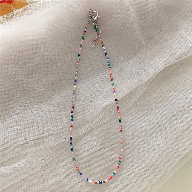 Nvzi Gargantilla de cuentas de semillas de arcoíris, collar de cuentas de vidrio de colores, collar de cuentas de arroz, collar hecho a mano, gargantilla de playa, cadena de joyería estilo C