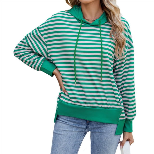 Sudadera de Rayas de Gran Tamaño para Mujer, Sudadera con Capucha de Bloques de Color, Jersey de Larga, Ropa Y2K Verde y XL