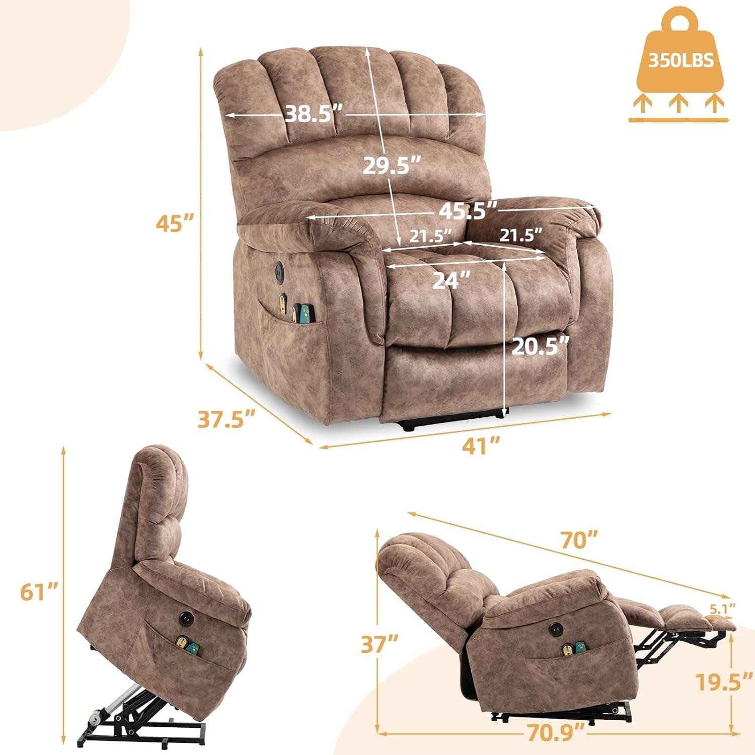 Large Electric Power Lift Chairs Recliners for Elderly Big Man with Massage and Heat, Oversized Wide Reclining Chairs for Living Room with Extended Footrest(Plush-Brown)