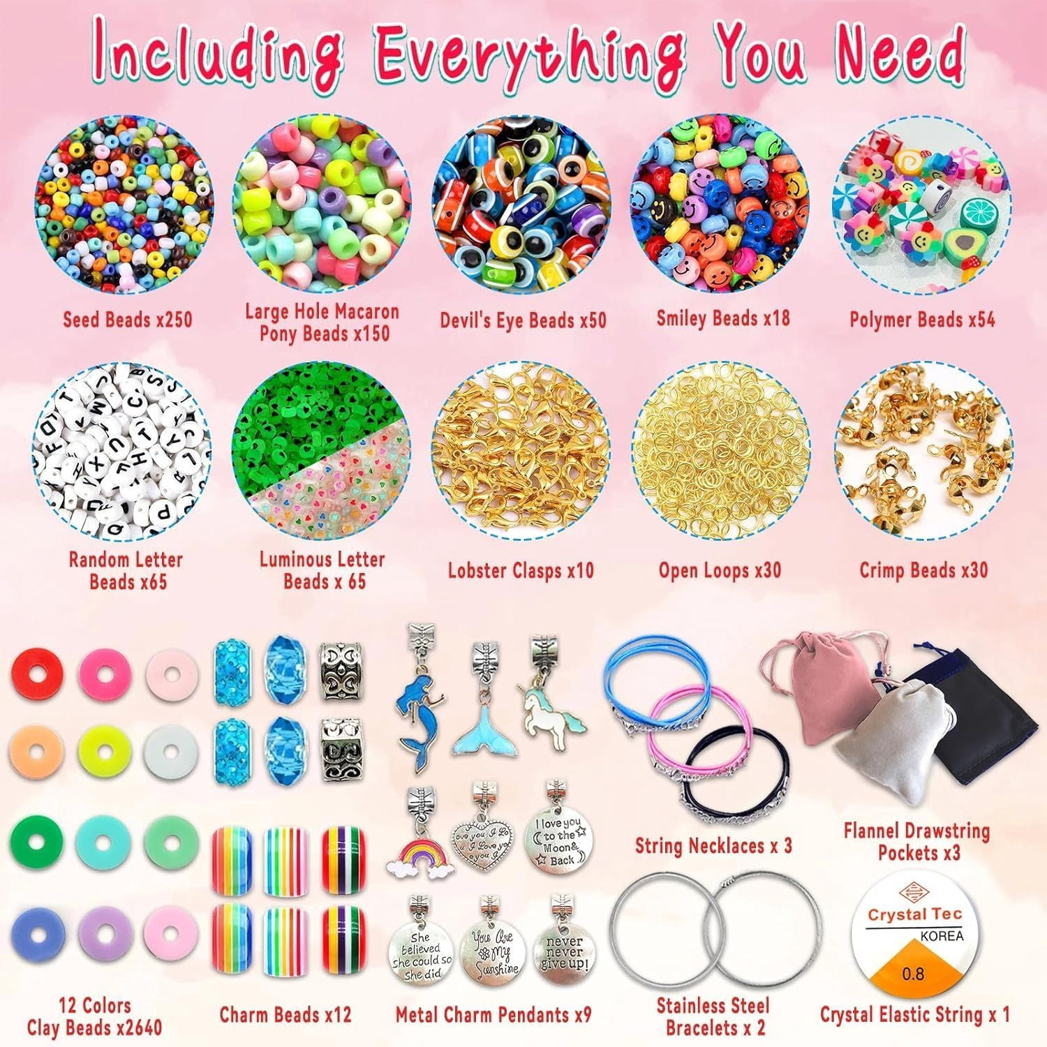 Bracelet making kit with unicorn, mermaid, letter and rainbow beads, plus DIY jewelry making tutorial. Complete charm bracelet set, creative birthday and Halloween gift with manual-like instructions.