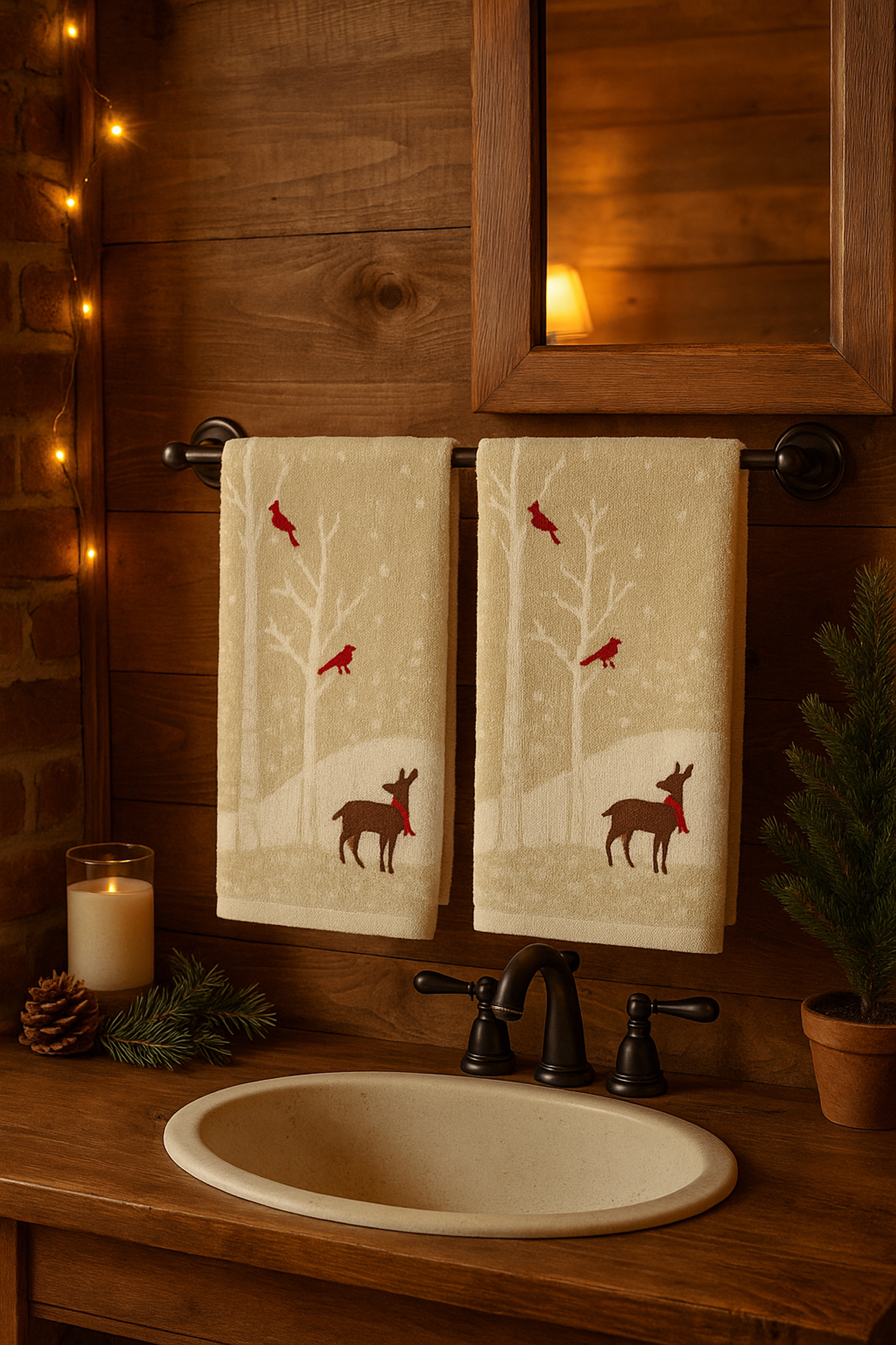 St. Nicholas Bath Hand Towels, Woodland Winter Deer Cardinals, 16" x 25" Cotton 2-piece