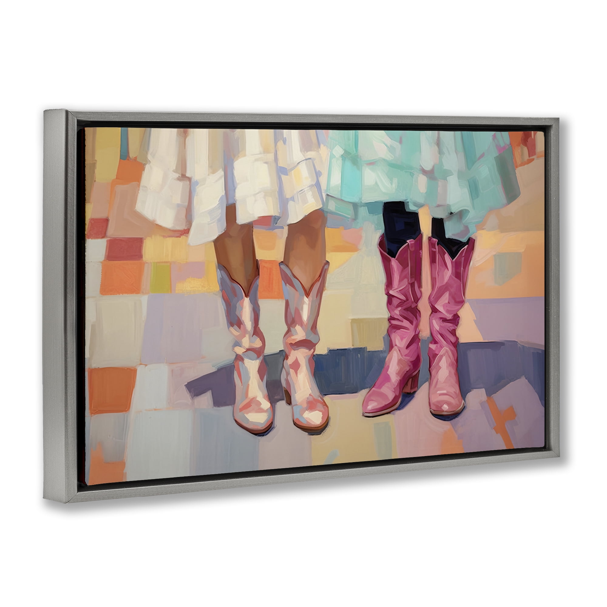 Stupell Industries Girls in Cowboy Boots People Painting Gray Floater Framed Canvas Art Print Wall Art, 31 x 21
