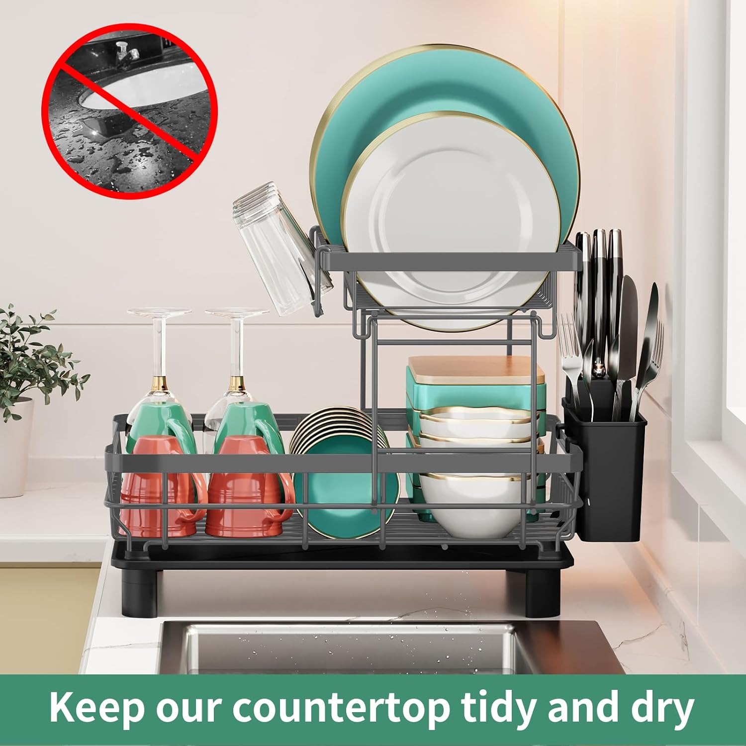 Asunby Dish Drying Rack, 2 Tier Dish Rack, Large Dish Racks for Kitchen Counter, Dish Drainer with Removable Utensil Holder, Drainboard,Grey