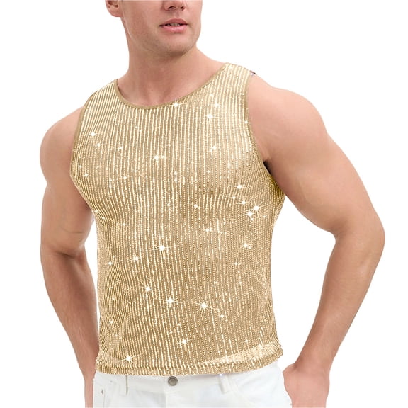 USNSM Men's Fashion Sequin Tank Top Sparkly Metallic Sleeveless Crew Neck T Shirt Trendy Party Cropped Top for Men Yellow XXL
