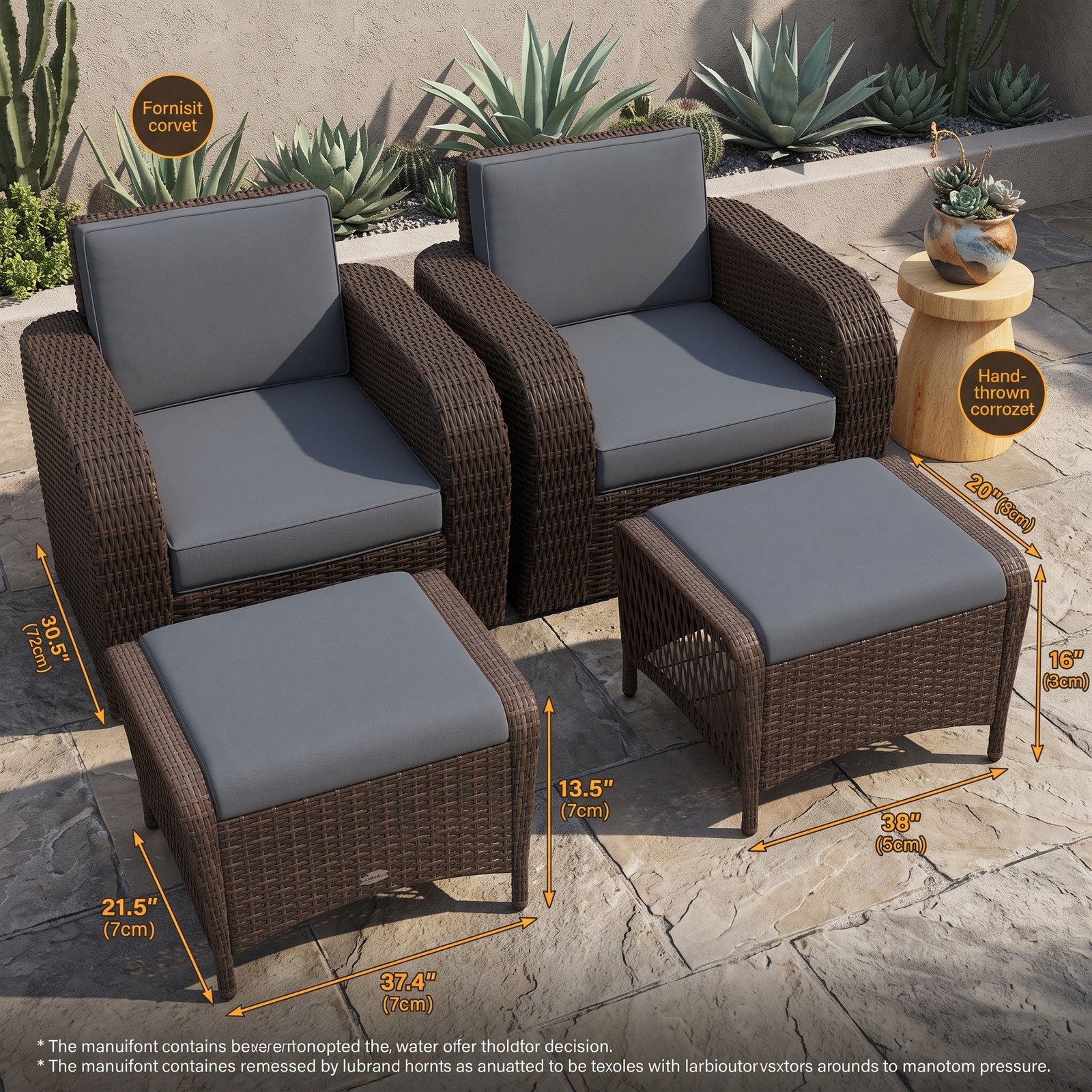 Furnibear Set of 2 Outdoor Patio PE Wicker Ottomans with Removable Cushions, Hand-Woven Rattan Footrest Extra Seat Coffee Table for Garden Porch Backyard, 400, Gray