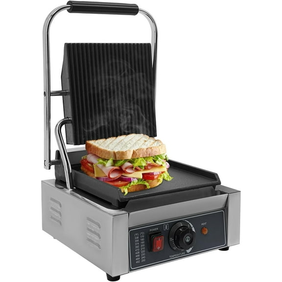 Commercial Sandwich Panini Press Grill, 1800W Electric Panini Maker with Drip Tray, Non-Stick Griddle Machine, for Paninis, Hamburgers, Steaks Bacons