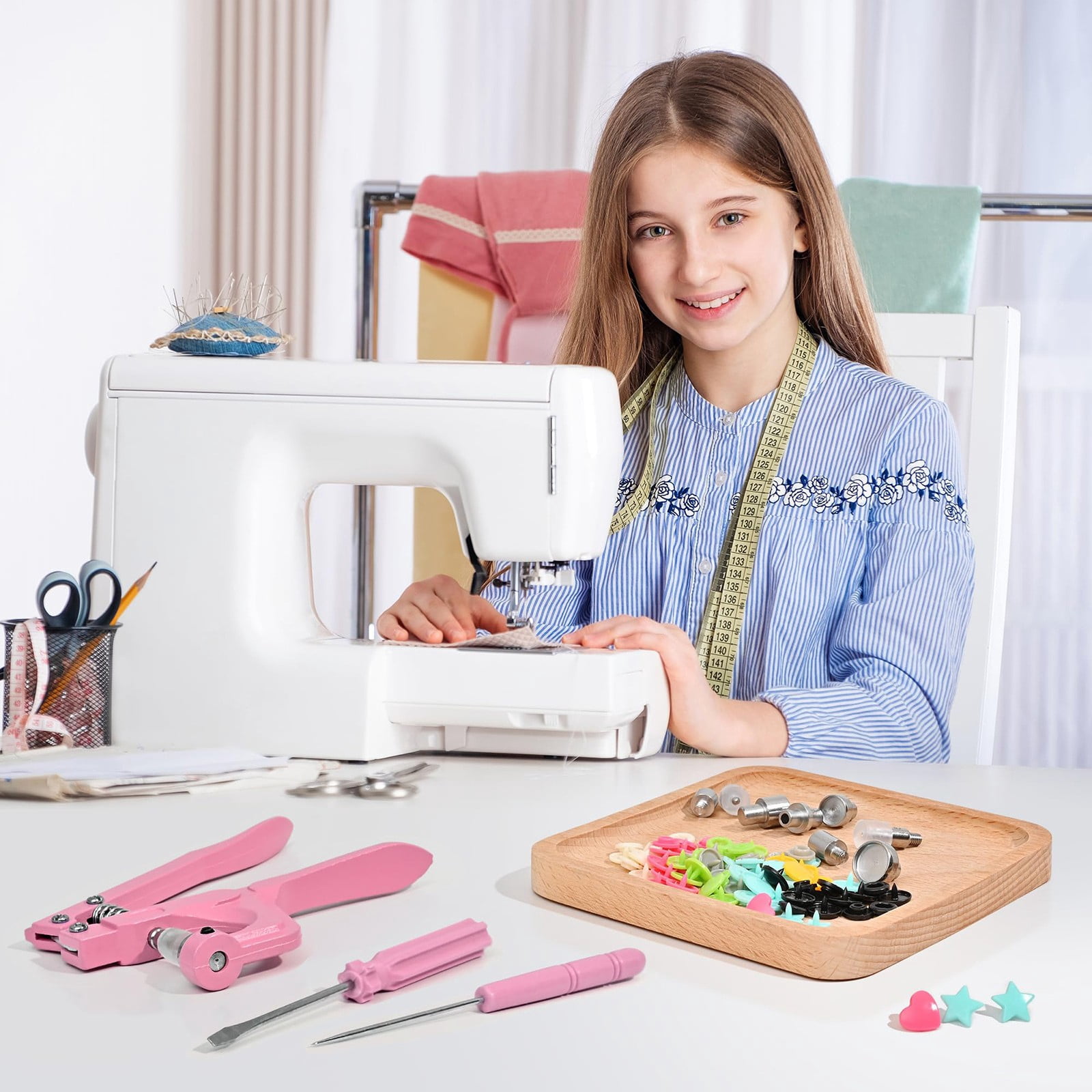 300-Piece Snap Button Kit With Pliers Plastic And Metal Snap Buttons With Snaps Pliers Set 300 Sets Plastic And Metal Snap Buttons For Sewing And Crafting - Pink