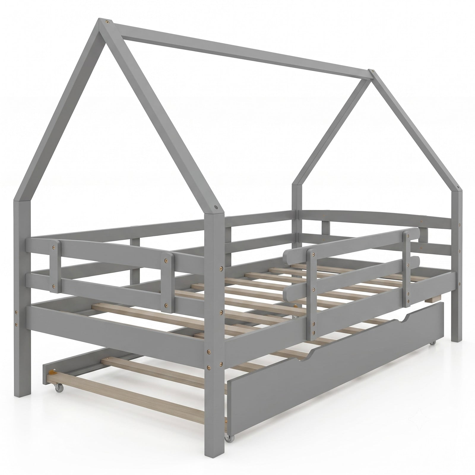 Furnibear Twin Bed Frame, House Bed with Pull Out Trundle and Fence Rail Guards, Montessori Floor Bed with Slat Support for Kids Room, Gray
