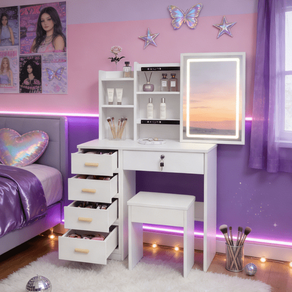 Makeup Vanity Set with Stool, Lighted Mirror, Vanity Desk with 5 Shelves & 5 Drawers & Under-stool Storage, 3 Lighting Modes, Modern Minimalist Vanity Dressing Table Perfect Gift for Bedroom