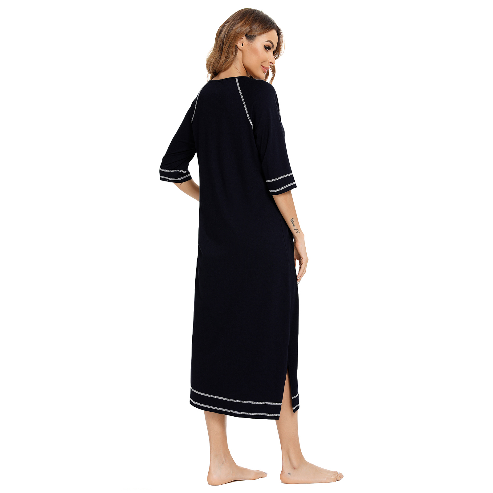 LOFIR Women Zipper Front Robes 3/4 Sleeve Loungewear Pockets Nightgown Loose-Fitting Ladies Long Sleepwear(Black,M) - image 5 of 5