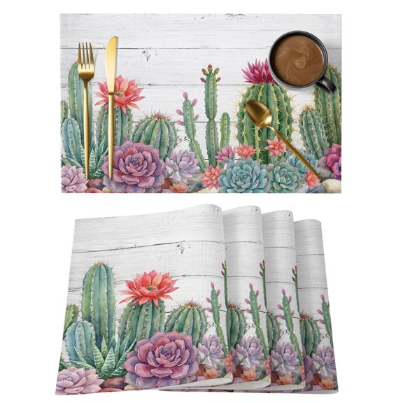 Summer Botanical Placemats Set of 8, Tropical Saguaro Opuntia Cactus Wood Grain Non-Slip Place Mats Washable Table Mats for Kitchen Dining Table Decorations Indoor/Outdoor