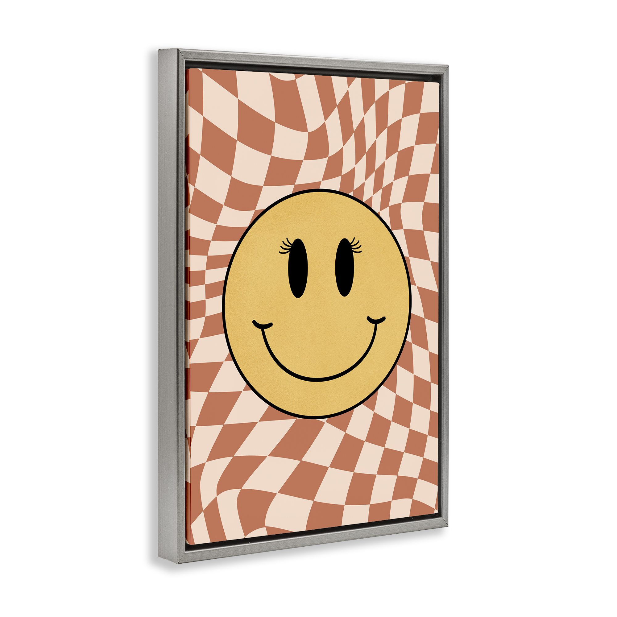 Stupell Industries Wavy Checkered Smiley Novelty Painting Gray Floater Framed Art Print Wall Art, 17 x 25