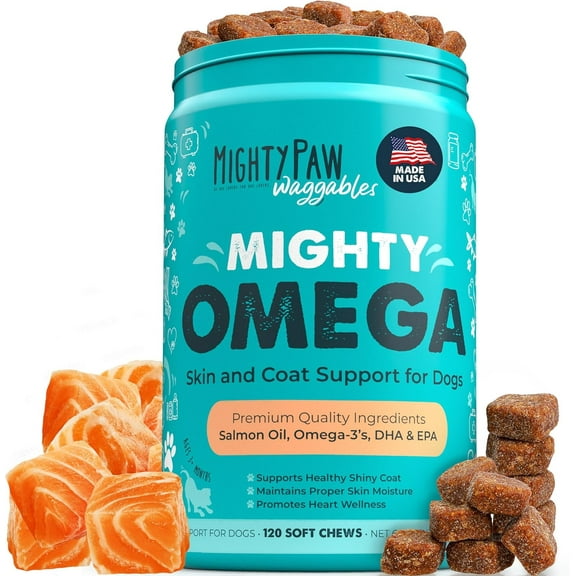 Mighty Paw Omega 3 Fish Oil Dog Chews, Skin & Coat Supplements, Bacon Flavor, 120 Count