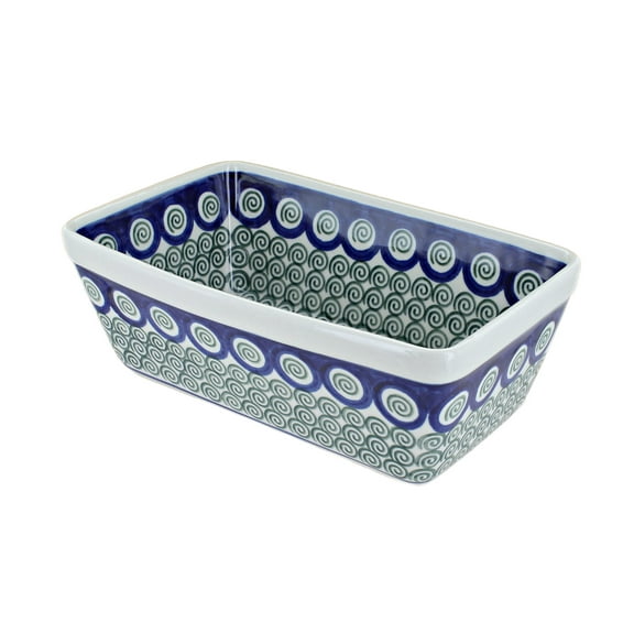 Blue Rose Polish Pottery Peacock Swirl Loaf Baker