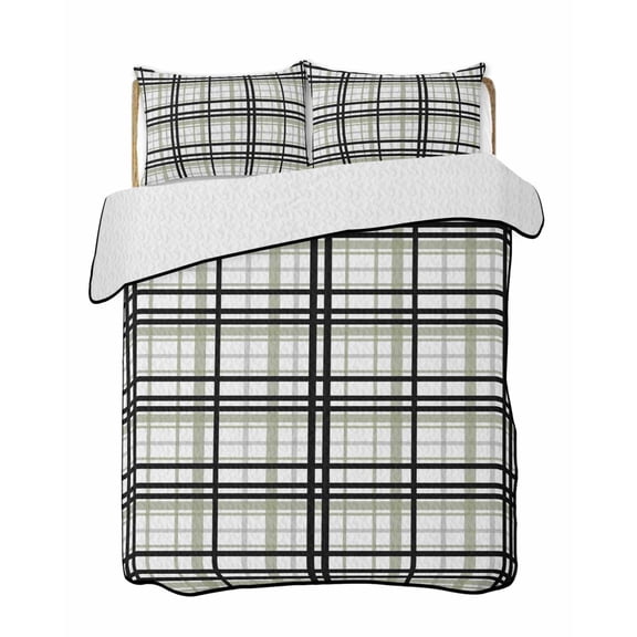 Sage Green Black Plaid Summer Quilt Set Queen Size,Soft Quilted Bedding Set with 2 Pillow Shams,Farmhouse Green Black Checkered Lightweight All Season Bedspread Coverlet for Bedroom 90"x96"