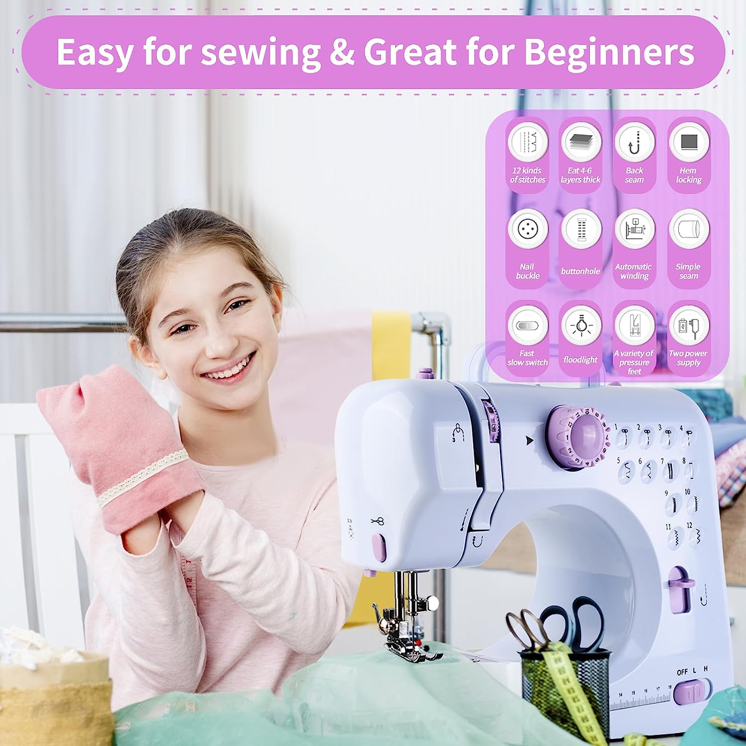 Mini Sewing Machine for Beginners,Kids Sewing Machines,Small Sewing  Machines with 12 Built-in Stitches and Reverse Sewing,Portable Sewing  Machine for Kids, Suitable For Family Daily 