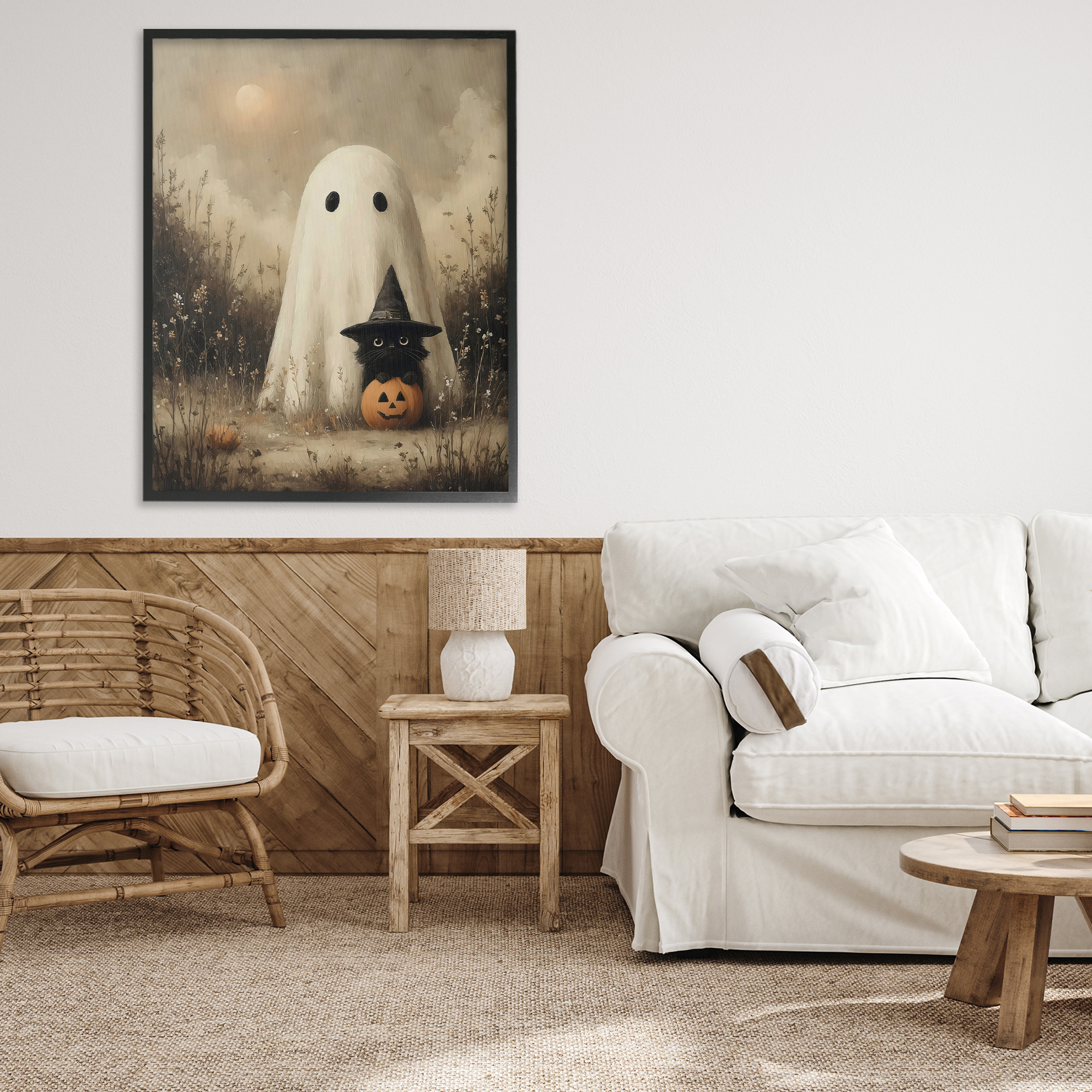Ghost with Black Kitten Black Framed Giclee Art, design by Arlington Prints