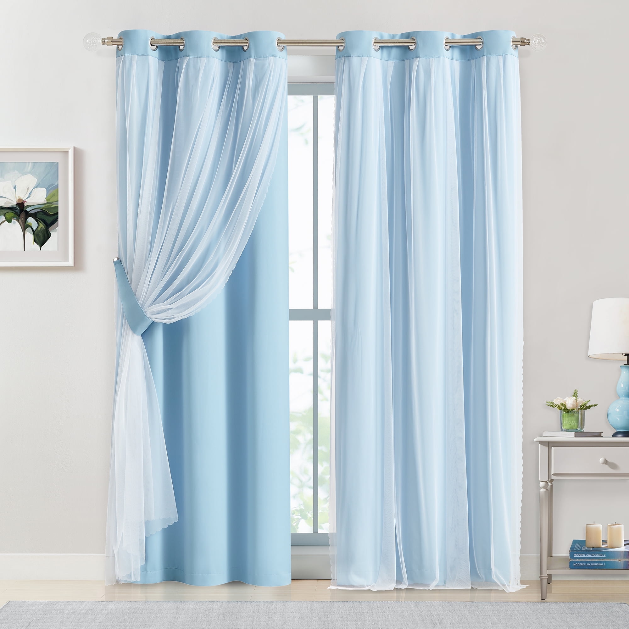 Pinewave Modern Blue Solid Print Blackout Kitchen Curtains, 37 x 95 In (2 Panels)