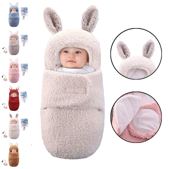 LEKWK Baby Swaddle Blanket with Hood Warm Baby Thermal Sleeping Sack 3D Cartoon Rabbit Ear Cute Loungewear Newborn Winter Thermal Receiving Blanket 0-6M