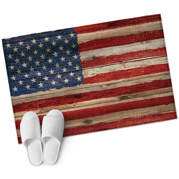 Retro American Flag Bathroom Mat 2x3 FT, Non Slip Small Kitchen Mat, Vintage USA Flag Red Blue Wooden Washable Soft Backed Front Door Throw Rug Non-Shedding Indoor Outdoor Doormat for Entryway Sink