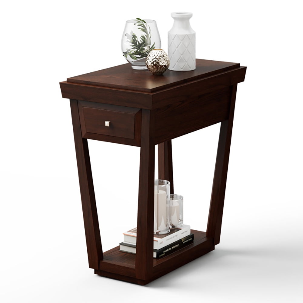 Finihen End Table, 2-Tier Rubber Wood Classic End Table with Drawer and Shelf, Sofa Side Table, Bed Side Table, for Living Room, Bedroom, Dark Brown Finihen End Table, 2-Tier Rubber Wood Classic End Table with Drawer and Shelf, Sofa Side Table, Bed Side Table, for Living Room, Bedroom, Dark Brown