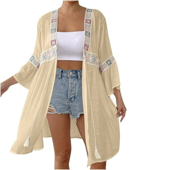 successthop Womens Cover Up Sequin Casual Tie Front V Neck Cardigan Vacation Long Sleeve Panel Summer Beach Clothes