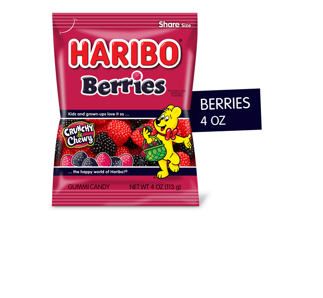 HARIBO BERRIES Red and black raspberry gummies covered in sweet nonpareils; 4 OZ PACK; 1 pack