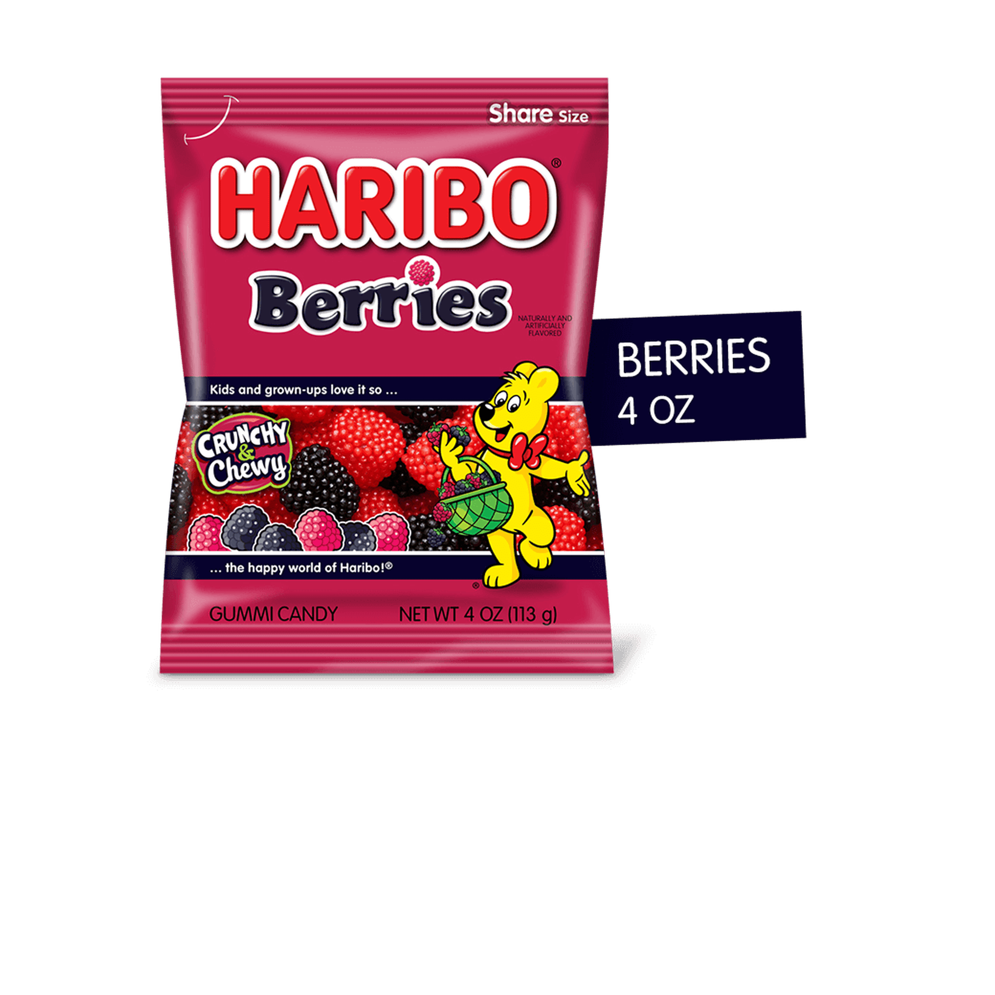 HARIBO BERRIES Red and black raspberry gummies covered in sweet nonpareils; 4 OZ PACK; 1 pack