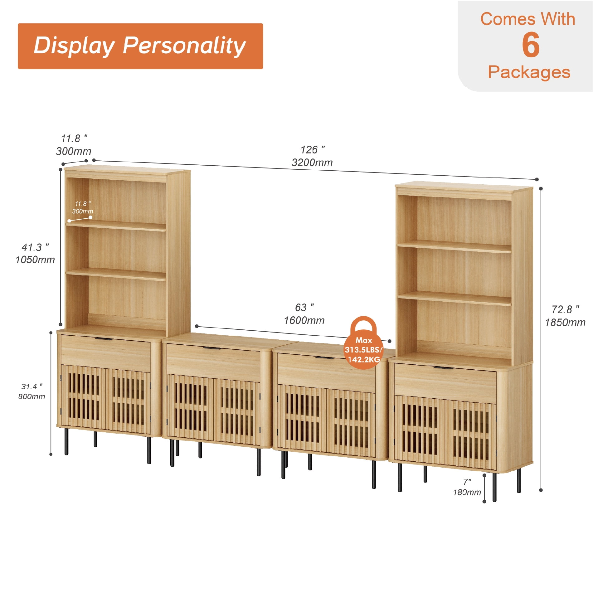 126" W Media Center with Bookcases – TV Stand for TVs Up to 75",Oak