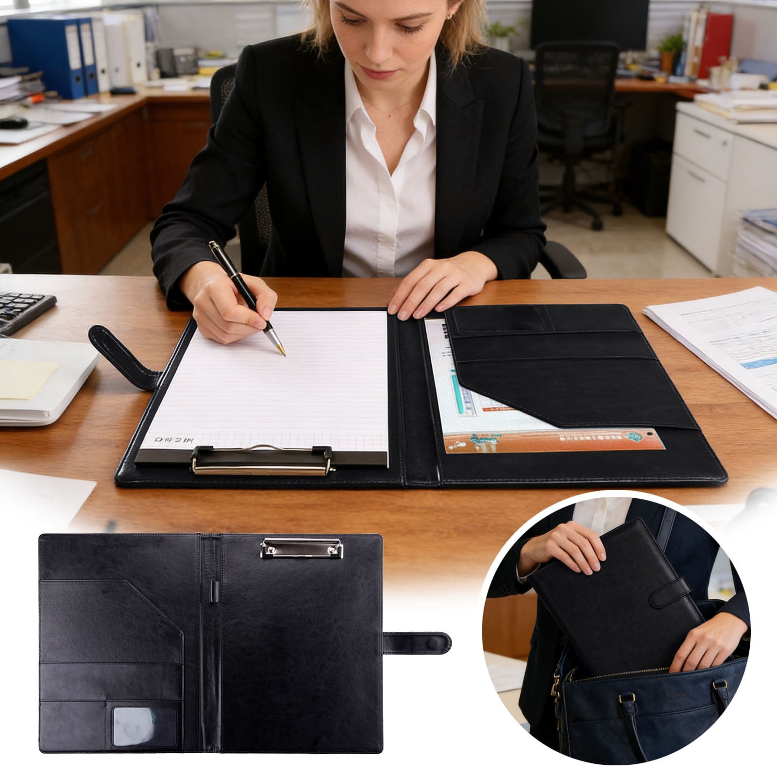 Professional Padfolio with Clipboard PU Leather Storage Clipboard Folder Portfolio Cover Legal Pad Holder for Letter Size A4 Writing Pad Notepad Resume Organizer for Business School Office