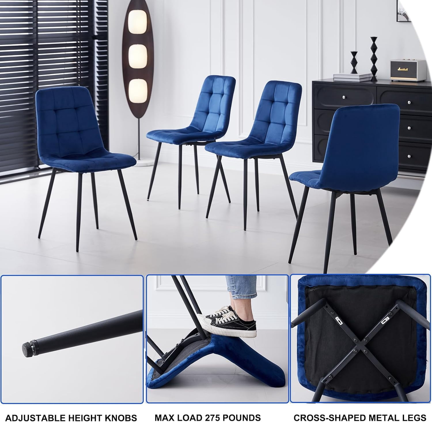 5 Piece Round Dining Table Set - Mid-Century 47 inch Brown Dining Table with 4 Blue Velvet Chairs Set, Dinner Table & Chair with Metal Legs for Kitchen Dining Room, Apartment, Bedroom