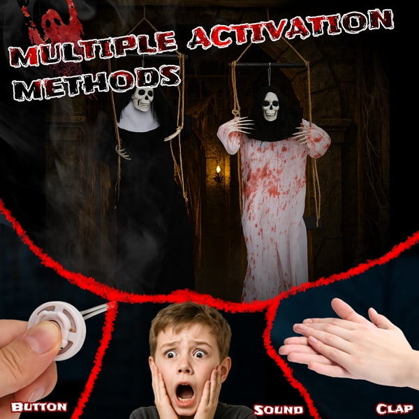 Alvantor 2-Pack 3 ft Hanging Ghost Halloween Decorations with Red LED Eyes and Horror Sound, Black and White