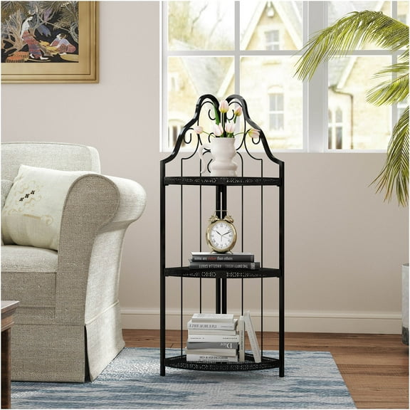 JERFIT 3 Tier Corner Shelf, Black Freestanding Storage Rack for Plants, Books & Decor, Vintage Style Iron Shelf Unit for Living Room, Kitchen, Office
