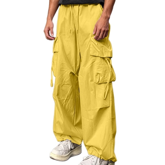 Mifsaly Mens Baggy Cargo Pants Loose Fit Drawstring Elastic Waist Wide Leg Trousers with Multi Pockets Lightweight Streetwear Outdoor Casual Pants Yellow,XS