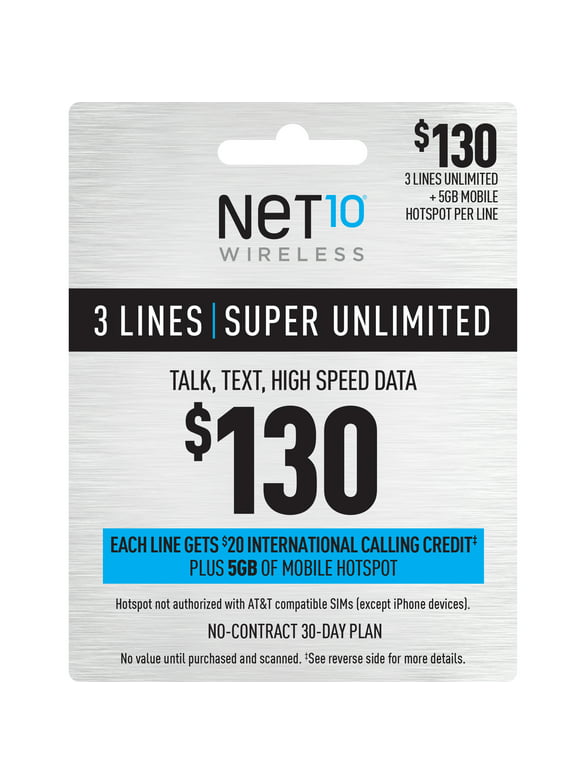 NET10 Wireless $130 SuPer Unlimited Family & Friends 30-Day Plan for 3 Lines with $20 Int'l Calling Credit + 5GB of Mobile Hotspot e-PIN Top Up (Email Delivery)