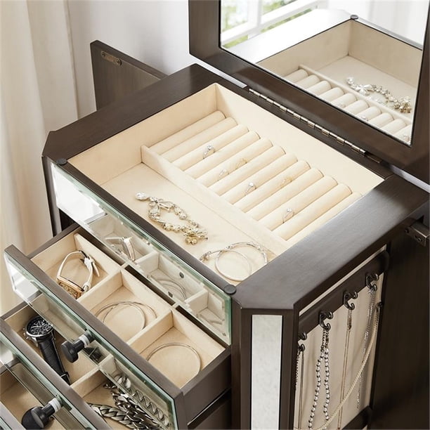 Pemberly Row 6-Drawer Wood Jewelry Armoire with Flip Top in Walnut