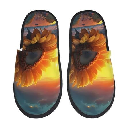 Balery Sunset Coast Sunflower Slient Indoor Furry Fleece Comfort House Shoes Soft Non-Slip Home Shoes Cotton slippers House Slippers-- Large