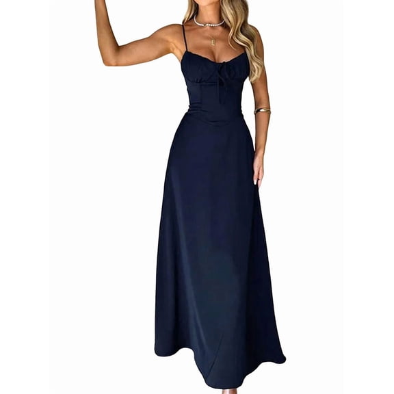 Boho Flowy Slit Lace Up Dresses for Women Going Out A Line Casual Sundress Dark Blue XL