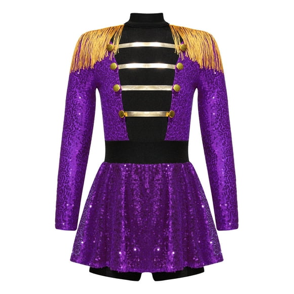 Ocealan Kids Girls Drummer Costume Sequins Tassel Dance Leotard Dress School Majorette Uniform Purple 16
