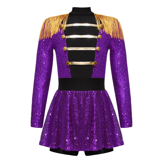 Runhomal Robe de Maître de Piste pour Enfants Filles Halloween Cirque Manches Longues Sequins à Franges Combinaison Violette 6