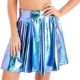 thumbnail image 2 of YONGHS Women Glossy Shiny Metallic High Waist Flare Skirt Ruffle A-line Skirts Clubwear Dancewear Blue B S, 2 of 7
