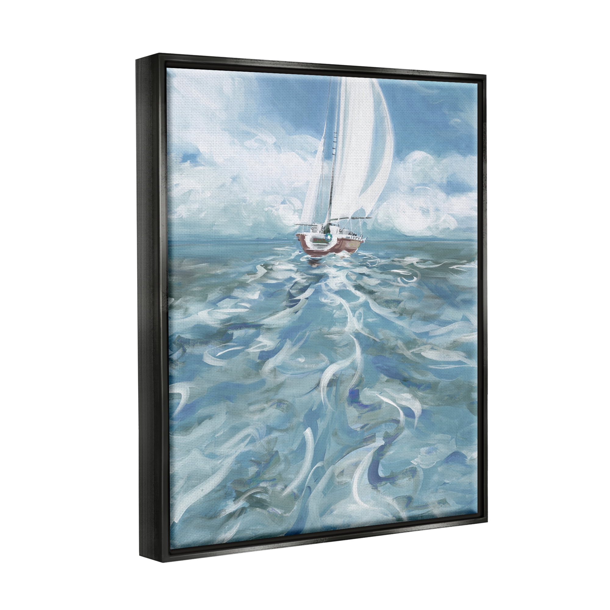 Stupell Industries Boat Waves Wake Painting Transportation Painting Black Floater Framed Art Print Wall Art, 25 x 31