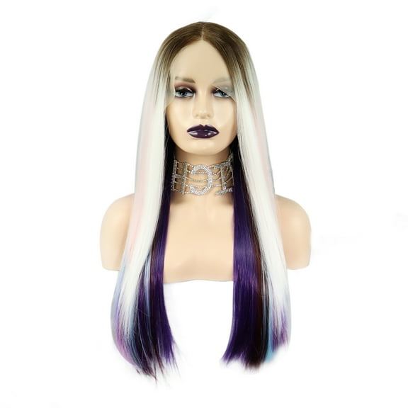 Unique Bargains Lace Front Wigs for Women 26" Multicolor Long Straight Hair with Wig Cap