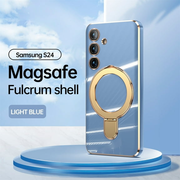 Allytech Plated Case for Samsung Galaxy S24 Compatible with MagSafe, Magnetic Ring Kickstand Slim Cover with Lens Protector, Luxury Soft TPU Shockproof Case for Women Men - Lightblue