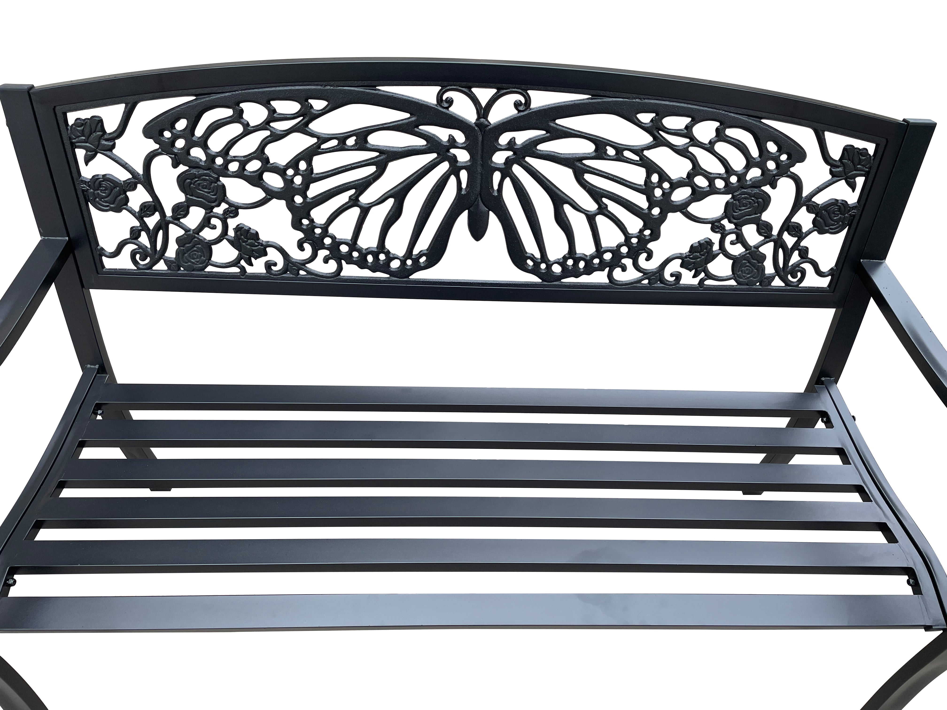 50" Outdoor Metal Garden Bench with Butterfly Backrest Design - Black