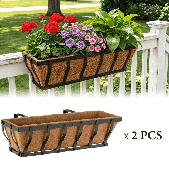 VOXOR Railing Planters 6 in x 24 in x 5.5 in Black Powder Coated Iron Solid Print Flowers Planter Boxes with Rustproof 2 Count