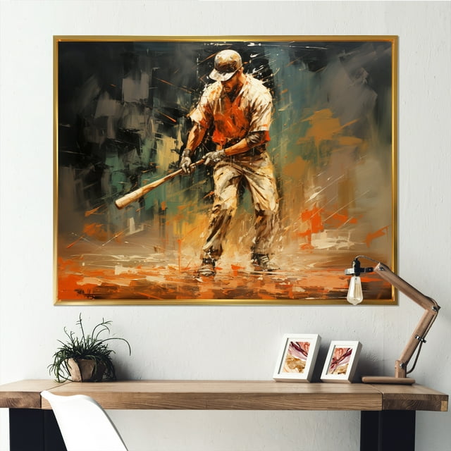 Designart Sport Baseball framed wall Art, Baseball Abstract Inlandscape , Sport Baseball Large framed wall art decor, Orange Modern Gold framed wall art, 32x24 inches Gold Frame