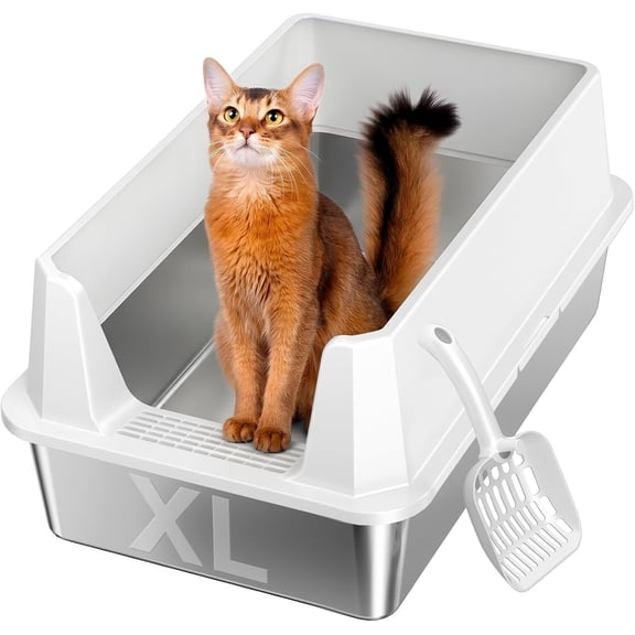 XL Stainless Steel Litter Box with Plastic Enclosure & Scoop | Large Size,High Sided,Easy Clean, Odor Control,Non Stick, Anti-Leak,Open Top